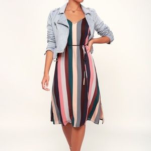 Erina Mauve Multi Stripe Belted Midi Slip Dress